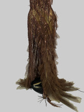 Load image into Gallery viewer, Josephine chocolate brown fringe and sequin Jazz Era couture gown with cascading tulle train