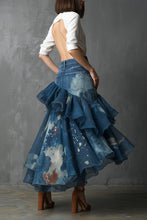 Load image into Gallery viewer, Denim Patchwork Ruffle Maxi Skirt