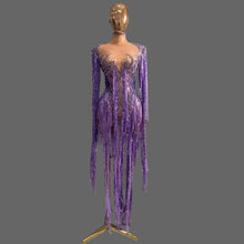 Load image into Gallery viewer, Sparkly Diamond Tassel Long Sleeves Mesh See Through Purple Dress
