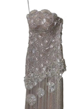 Load image into Gallery viewer, Close-up of the Celestial Fringe Couture Gown highlighting intricate crystal-inspired embroidery, sparkling beadwork, and luxurious fringe detailing.