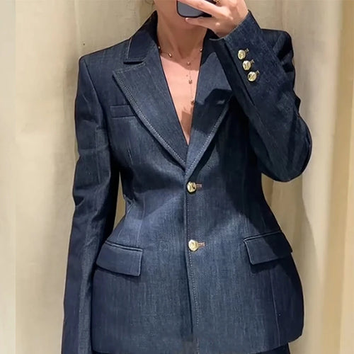 Elegant 3 Pieces Denim Blazer Long Pants Set