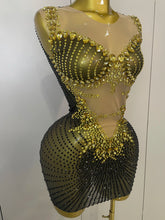 Load image into Gallery viewer, Sparkly Gold Rhinestone Transparent Sleeveless Mini Dress