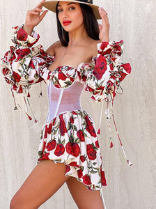 Sexy Flower Puff Sleeve Print  Dress