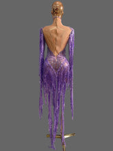 Load image into Gallery viewer, Sparkly Diamond Tassel Long Sleeves Mesh See Through Purple Dress
