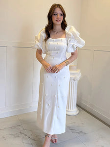 Elegant Puff Sleeve Pearl Long Dress