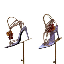 Load image into Gallery viewer, Luxury  stiletto sandals featuring sparkling crystal straps, decorative grape embellishments, and elegant lace-up ankle ties, designed for Mediterranean vacations, resort wear, and editorial fashion.