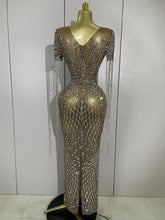Load image into Gallery viewer, Rhinestones Tassel Transparent Mesh Stretch Dress