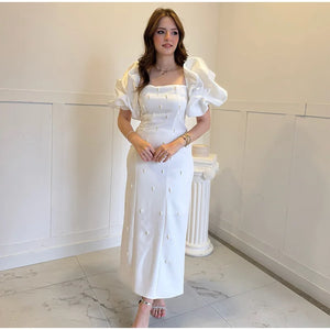 Elegant Puff Sleeve Pearl Long Dress