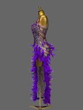 Load image into Gallery viewer, Violet Cabaret Crystal Feather Gown with purple feathers, crystal embellishments and nude illusion detailing from the Global Couture Jazz Era Collection.