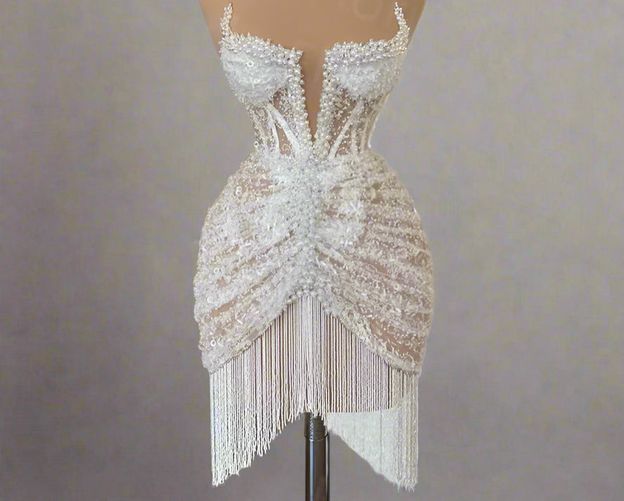 Sheer Neckline Pearls Cocktail Dress