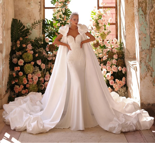 Cape Beading Embroidery Trumpet Bridal Gowns