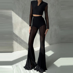 See Through Mesh Flare Pants