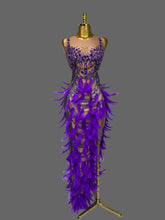 Load image into Gallery viewer, Violet Cabaret Crystal Feather Gown with purple feathers, crystal embellishments and nude illusion detailing from the Global Couture Jazz Era Collection.