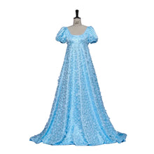 Load image into Gallery viewer, Powder blue Regency-inspired formal gown featuring puff sleeves, empire waist and all-over three-dimensional floral appliqué.