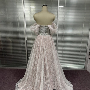 Off the Shoulder Pink Sequins Crystals Prom Dress