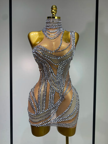 Sparkly Crystals See Through Cocktail Dress