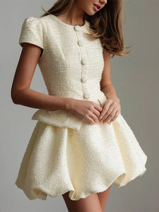 Tweed Puffy Sleeve Shirt Bubble Skirt Set