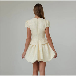 Tweed Puffy Sleeve Shirt Bubble Skirt Set