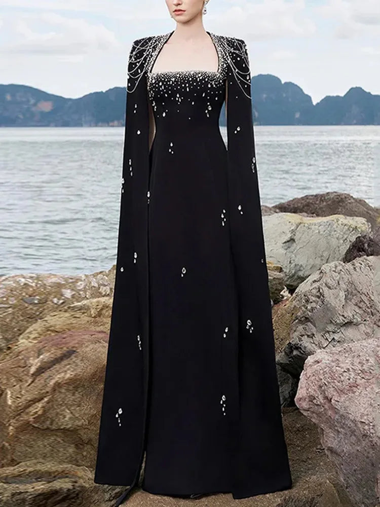 knee length dresses for ladies Black crêpe dress with cape sleeves main image 1