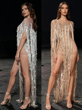 Load image into Gallery viewer, Mesh See Through Tassel Cloak Mini Dress