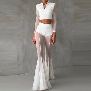 See Through Mesh Flare Pants