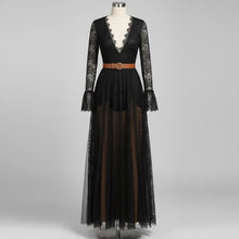 Load image into Gallery viewer, Sexy V-Neck Black lace mesh long sleeved retro Long Dress