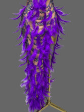 Load image into Gallery viewer, Violet Cabaret Crystal Feather Gown with purple feathers, crystal embellishments and nude illusion detailing from the Global Couture Jazz Era Collection.