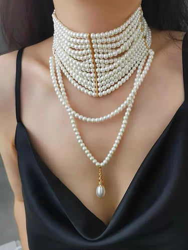 Vintage Handmade Multi-layer Pearl Tassels Choker Collar