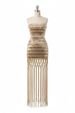Load image into Gallery viewer, Elegant luxury fringe cocktail dress with metallic embellishments, strapless silhouette, and shimmering tassels for weddings, parties, and evening events.