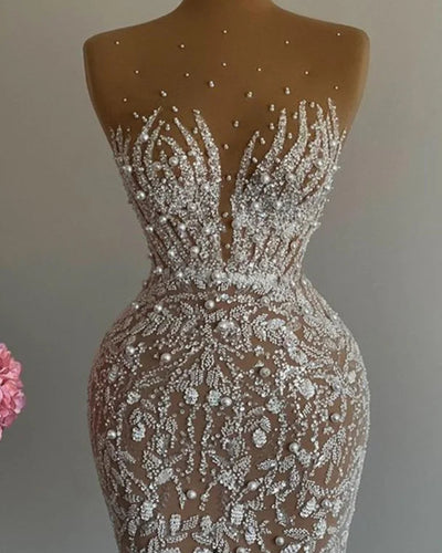 White Pearl Beaded Illusion Cocktail Dress