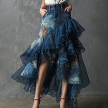 Load image into Gallery viewer, Denim Patchwork Ruffle Maxi Skirt