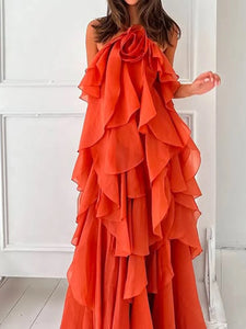 Solid Spliced Ruffles Elegant Dress