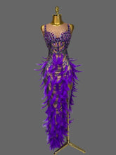 Load image into Gallery viewer, Violet Cabaret Crystal Feather Gown with purple feathers, crystal embellishments and nude illusion detailing from the Global Couture Jazz Era Collection.