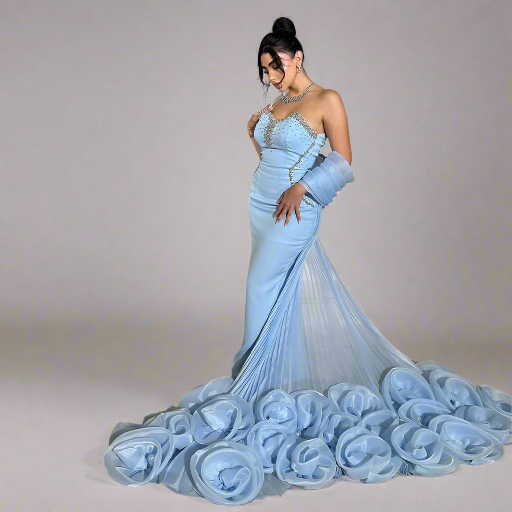 Elegant Watteau Flower Train Evening Dress – Mineli's Closet