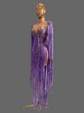 Load image into Gallery viewer, Sparkly Diamond Tassel Long Sleeves Mesh See Through Purple Dress