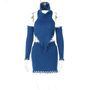 Turtleneck Backless Irregular With Gloves Crop Sweater Top Skirt