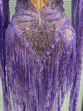 Load image into Gallery viewer, Sparkly Diamond Tassel Long Sleeves Mesh See Through Purple Dress