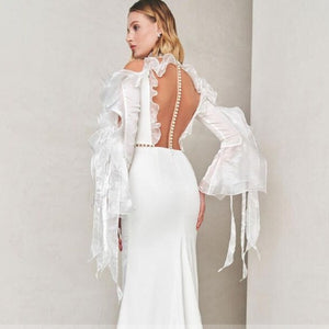 Bride White Ruffle High Collar Wedding Gown