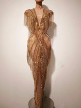 Load image into Gallery viewer, Golden Gatsby Art Deco Fringe Gown featuring cascading gold fringe, geometric embellishments and nude illusion detailing from the Global Couture Jazz Era Collection.