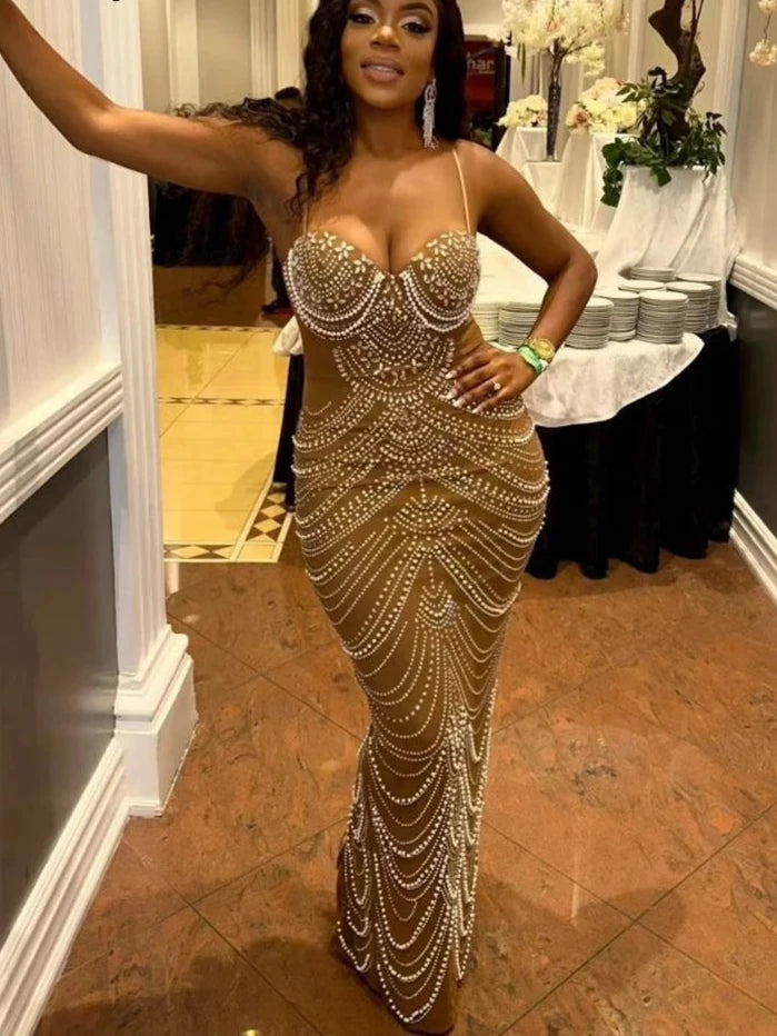 Sparkly Crystal Rhinestone Pearl Celebrities Gown Brown Dress – Mineli's Closet