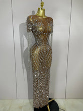 Load image into Gallery viewer, Rhinestones Tassel Transparent Mesh Stretch Dress