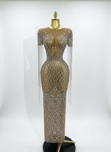 Load image into Gallery viewer, Rhinestones Tassel Transparent Mesh Stretch Dress