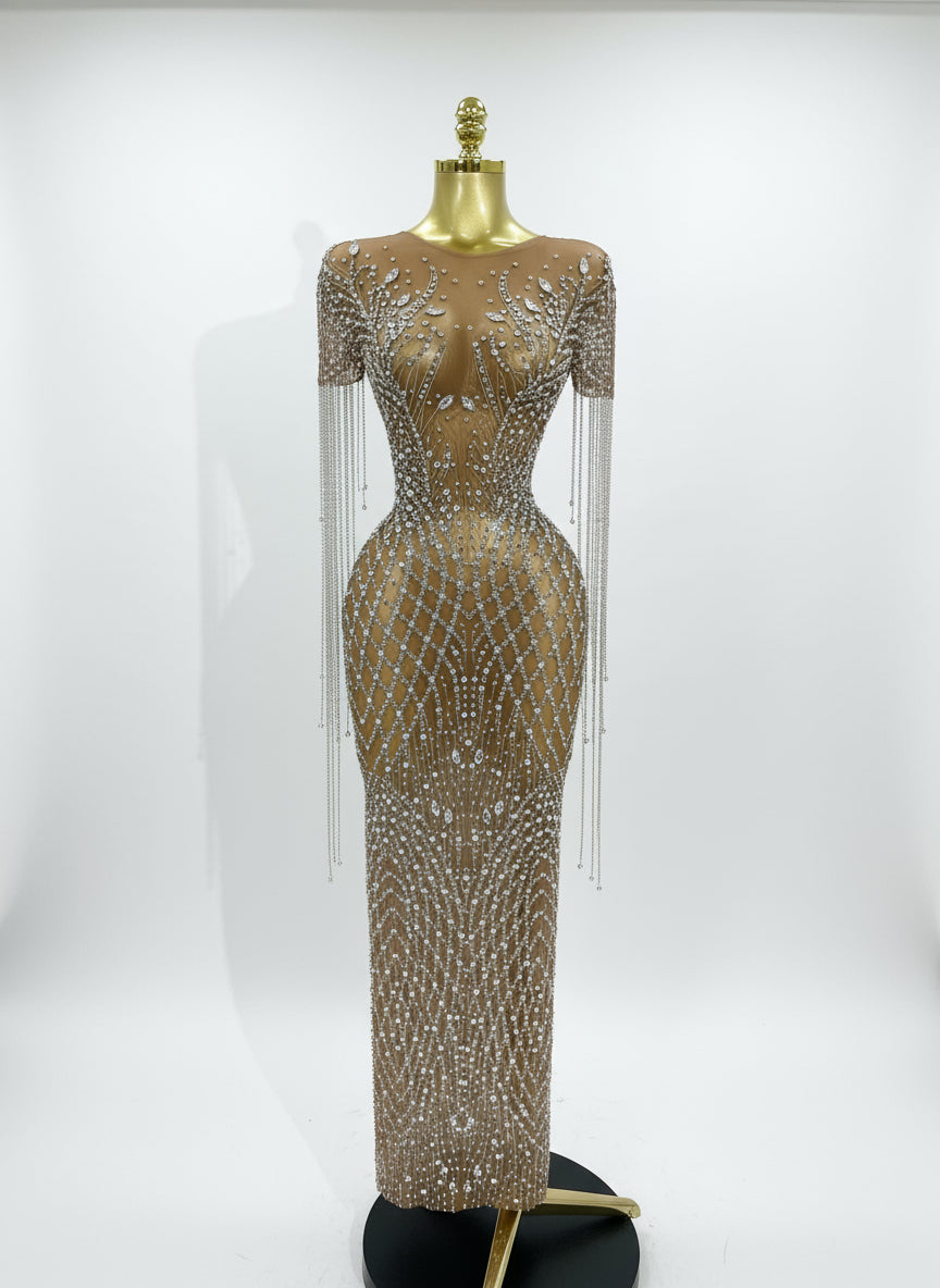 Rhinestones Tassel Transparent Mesh Stretch Dress