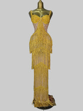 Load image into Gallery viewer, Gloria gold crystal embellished fringe gown from the Global Couture Jazz Era Collection
