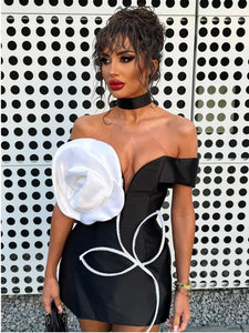 White Flower Black Mini Bodycon Bandage Dress