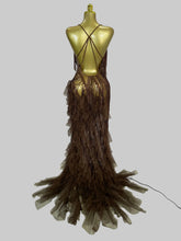 Load image into Gallery viewer, Josephine chocolate brown fringe and sequin Jazz Era couture gown with cascading tulle train