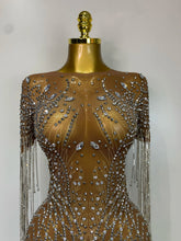 Load image into Gallery viewer, Luxury Sparkly Rhinestones Tassel Transparent Mesh Stretch  Dress