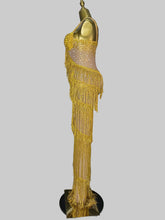 Load image into Gallery viewer, Gloria gold crystal embellished fringe gown from the Global Couture Jazz Era Collection