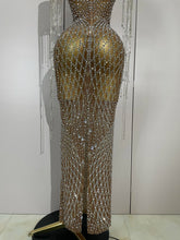 Load image into Gallery viewer, Rhinestones Tassel Transparent Mesh Stretch Dress