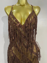 Load image into Gallery viewer, Josephine chocolate brown fringe and sequin Jazz Era couture gown with cascading tulle train